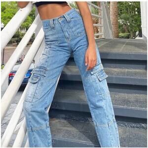 Lioness Stacey Cargo Jeans Size S High Rise Utility Denim Y2K Grunge Streetwear